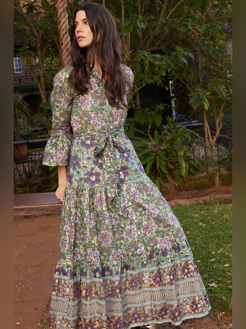 OLIPHANT ruffle collar bell maxi dress in matera green
